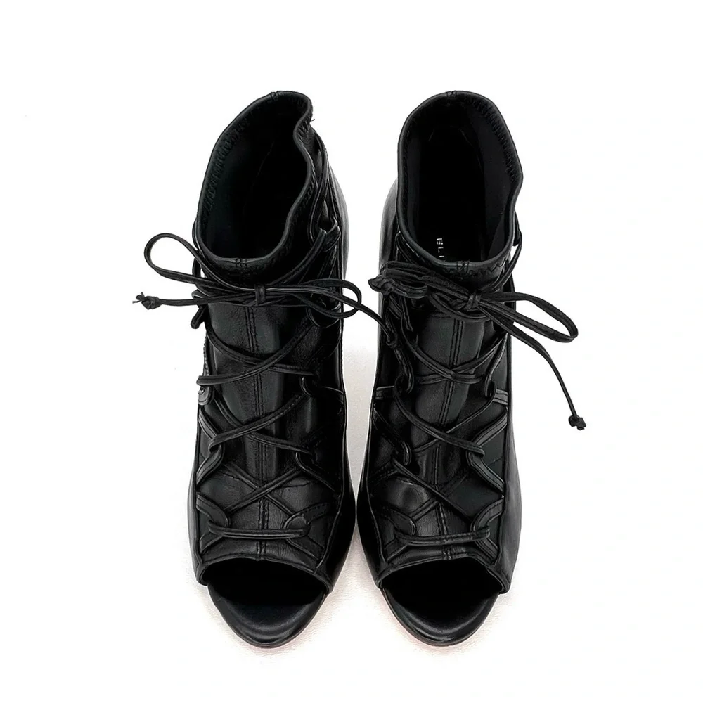Elie Tahari Orin Heeled Booties Size 6.5 Black Leather Peep Toe Laced EUC